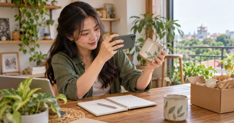 Người làm affiliate kiểm tra và chụp ảnh sản phẩm để viết nội dung giới thiệu