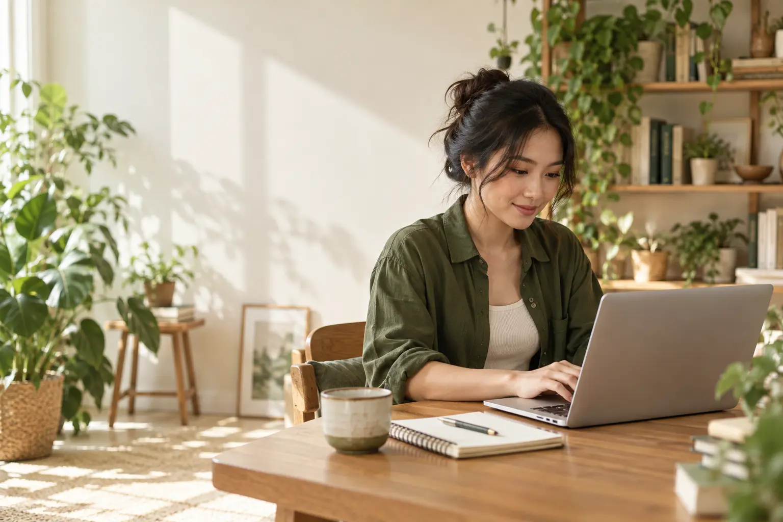 Góc làm việc với laptop và cây xanh — ảnh minh họa