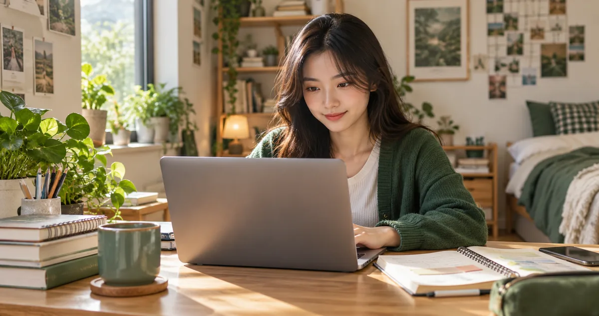 Sinh viên thực hành công việc online nhỏ bên laptop và lịch học