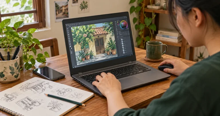 Người mới luyện kỹ năng thiết kế bằng laptop và thiết bị sẵn có