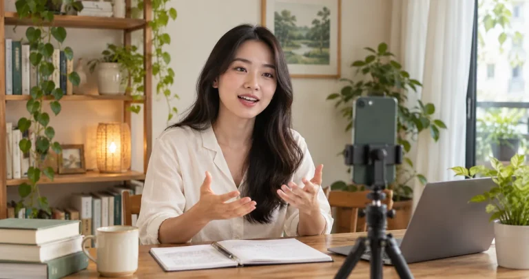 Nhà sáng tạo quay video ngắn bằng điện thoại và kịch bản chuẩn bị trước