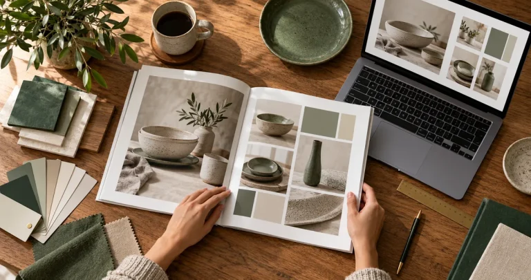 Kiểm tra bố cục catalogue sản phẩm trên bản in và laptop