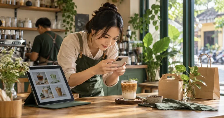 Chụp ảnh đồ uống và chuẩn bị nội dung cho kênh bán hàng online của quán